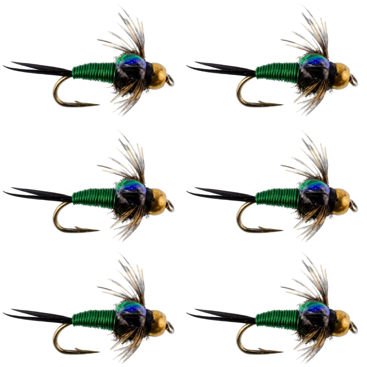 Bead Head Green Copper John Nymph Fly Fishing Flies - Set of 6 Flies Hook Size 14 - Get Tight Gear