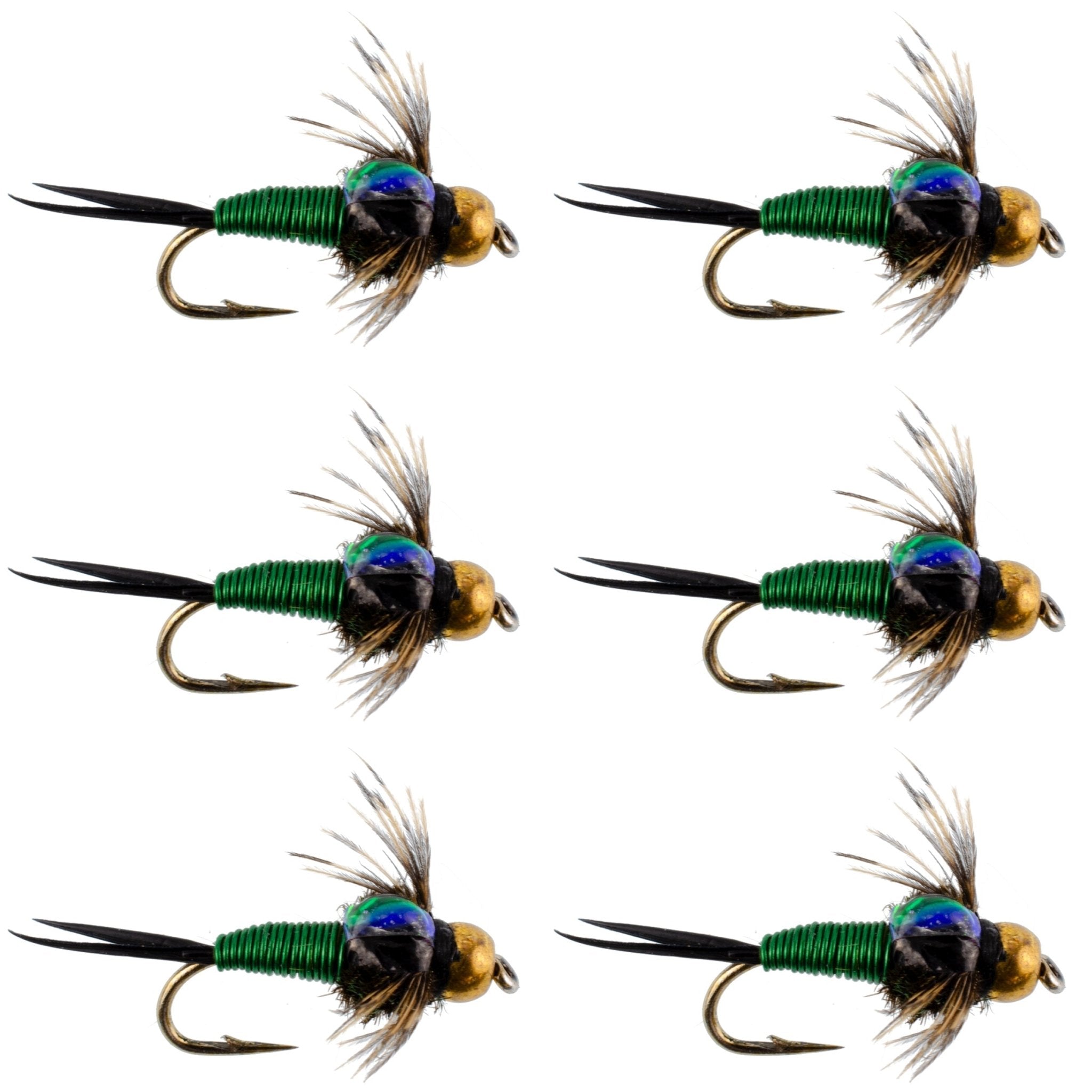 Bead Head Green Copper John Nymph Fly Fishing Flies - Set of 6 Flies Hook Size 14 - Get Tight Gear