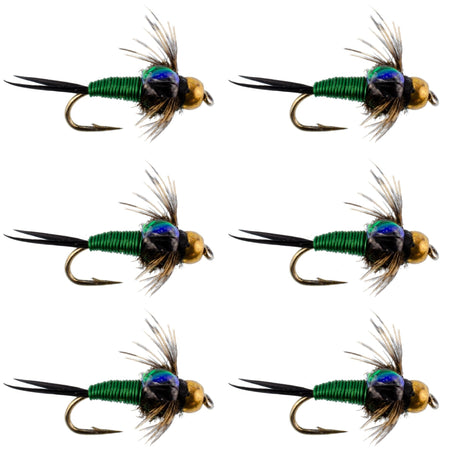 Bead Head Green Copper John Nymph Fly Fishing Flies - Set of 6 Flies Hook Size 14 - Get Tight Gear