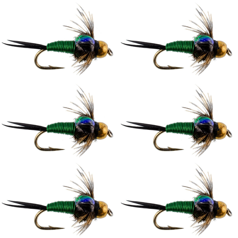 Bead Head Green Copper John Nymph Fly Fishing Flies - Set of 6 Flies Hook Size 14 - Get Tight Gear