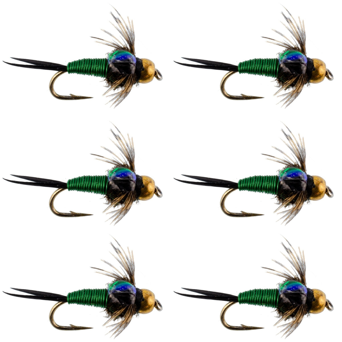 Bead Head Green Copper John Nymph Fly Fishing Flies - Set of 6 Flies Hook Size 16 - Get Tight Gear