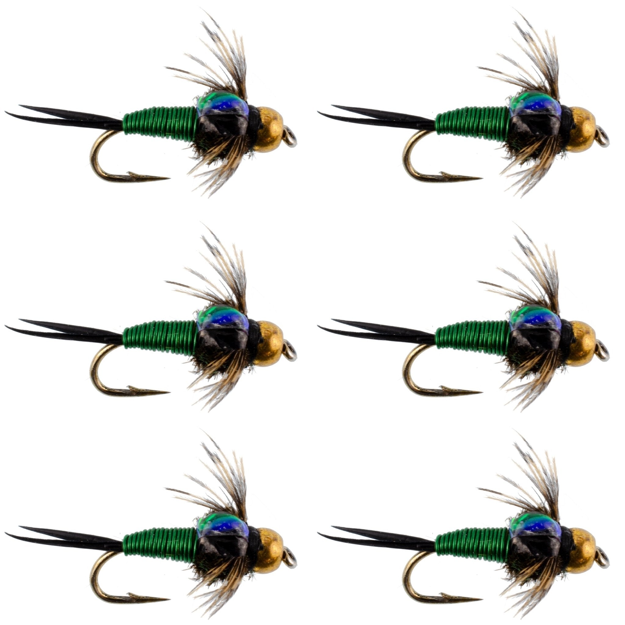 Bead Head Green Copper John Nymph Fly Fishing Flies - Set of 6 Flies Hook Size 16 - Get Tight Gear
