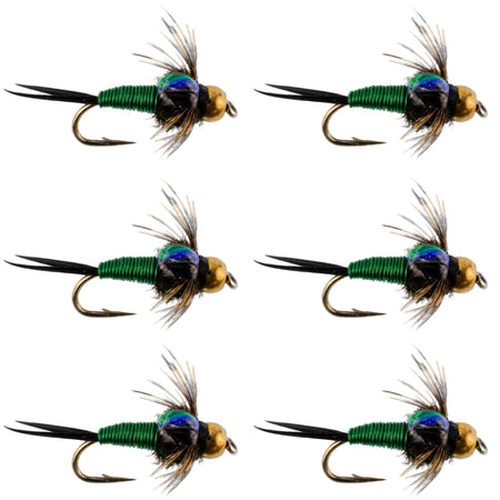 Bead Head Green Copper John Nymph Fly Fishing Flies - Set of 6 Flies Hook Size 16 - Get Tight Gear