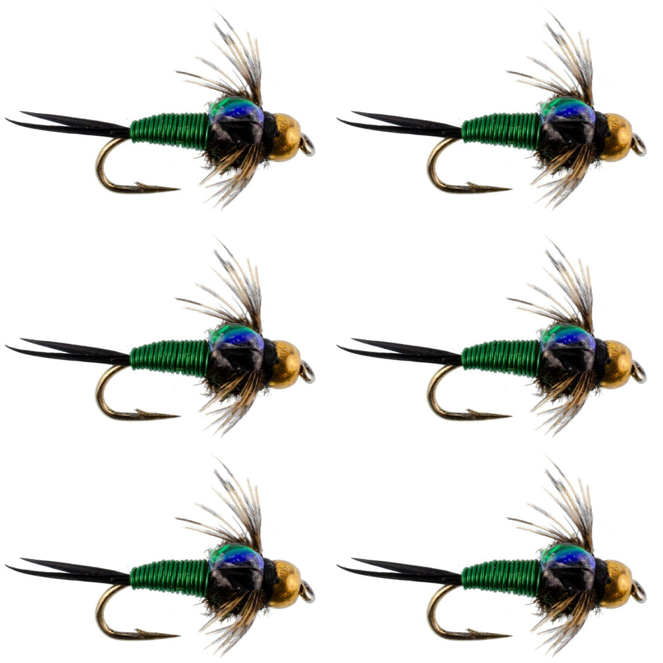 Bead Head Green Copper John Nymph Fly Fishing Flies - Set of 6 Flies Hook Size 16 - Get Tight Gear