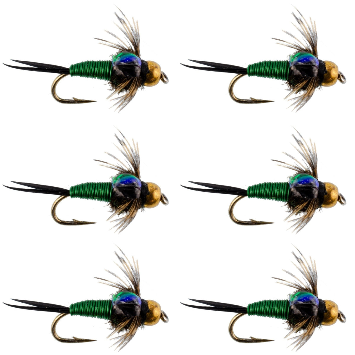 Bead Head Green Copper John Nymph Fly Fishing Flies - Set of 6 Flies Hook Size 18 - Get Tight Gear