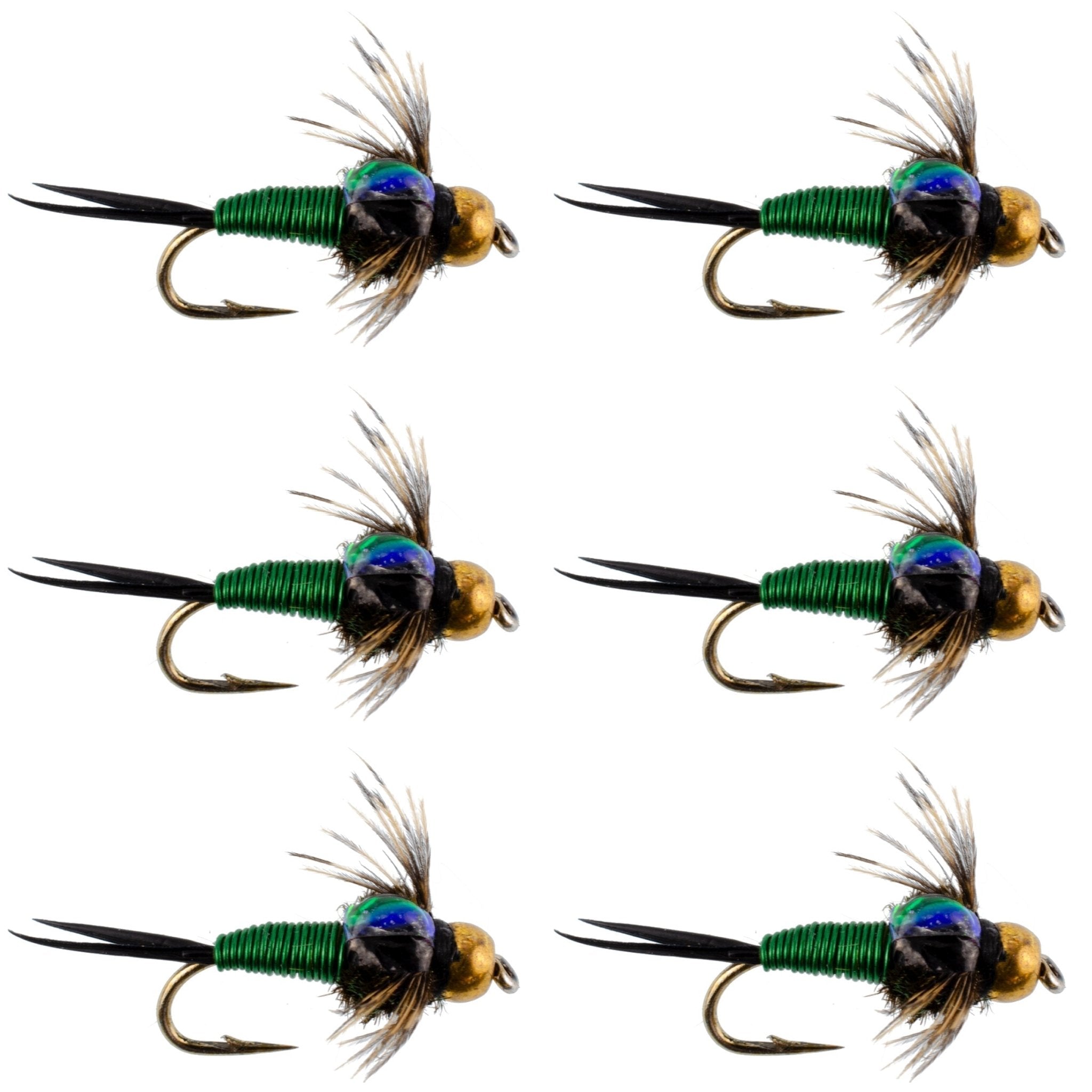 Bead Head Green Copper John Nymph Fly Fishing Flies - Set of 6 Flies Hook Size 18 - Get Tight Gear