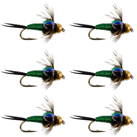 Bead Head Green Copper John Nymph Fly Fishing Flies - Set of 6 Flies Hook Size 18 - Get Tight Gear