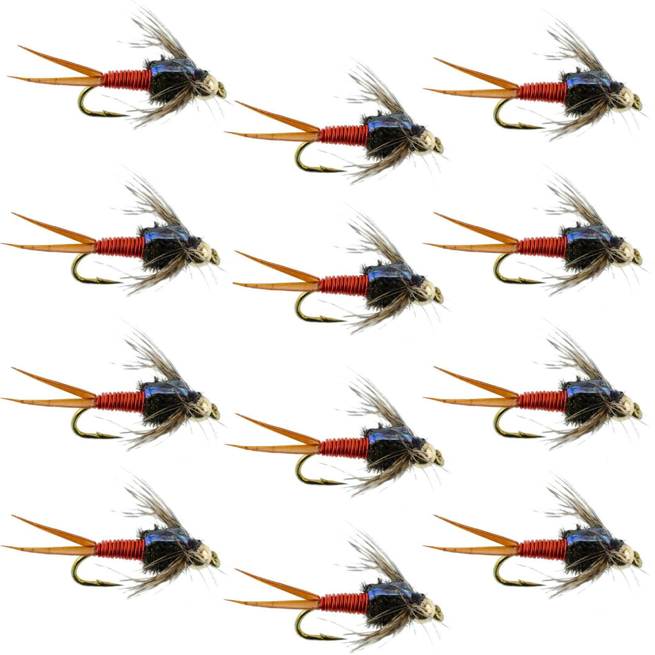 Bead Head Hot Orange Copper John Nymph - 1 Dozen Fly Fishing Flies - Hook Size 12 - Get Tight Gear