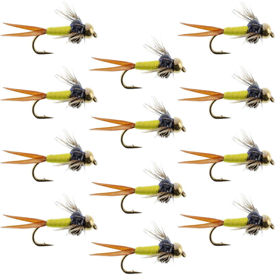 Bead Head Hot Yellow Copper John Nymph 1 Dozen Fly Fishing Flies - Hook Size 10 - Get Tight Gear