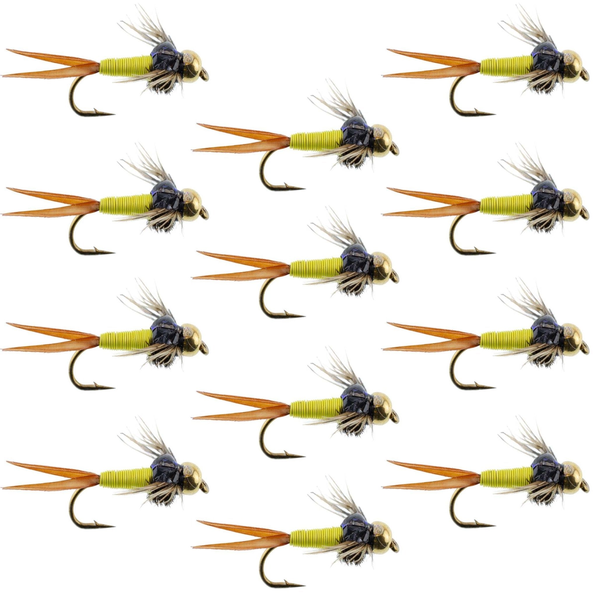 Bead Head Hot Yellow Copper John Nymph 1 Dozen Fly Fishing Flies - Hook Size 12 - Get Tight Gear