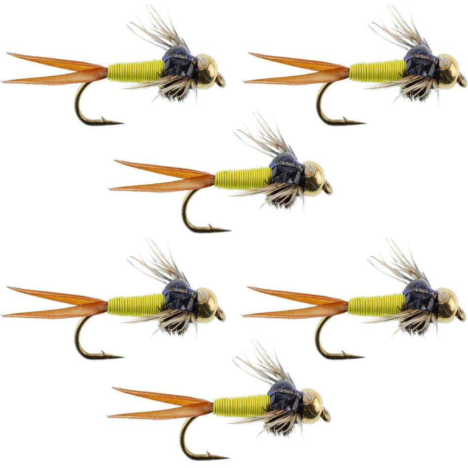 Bead Head Hot Yellow Copper John Nymph - 6 Fly Fishing Flies - Hook Size 14 - Get Tight Gear