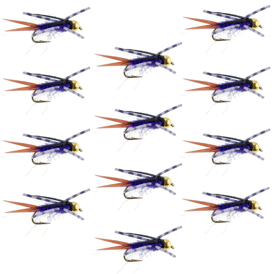Bead Head Purple Batman Rubber Legs Nymph Fly - 12 Flies Hook Size 16 - Get Tight Gear