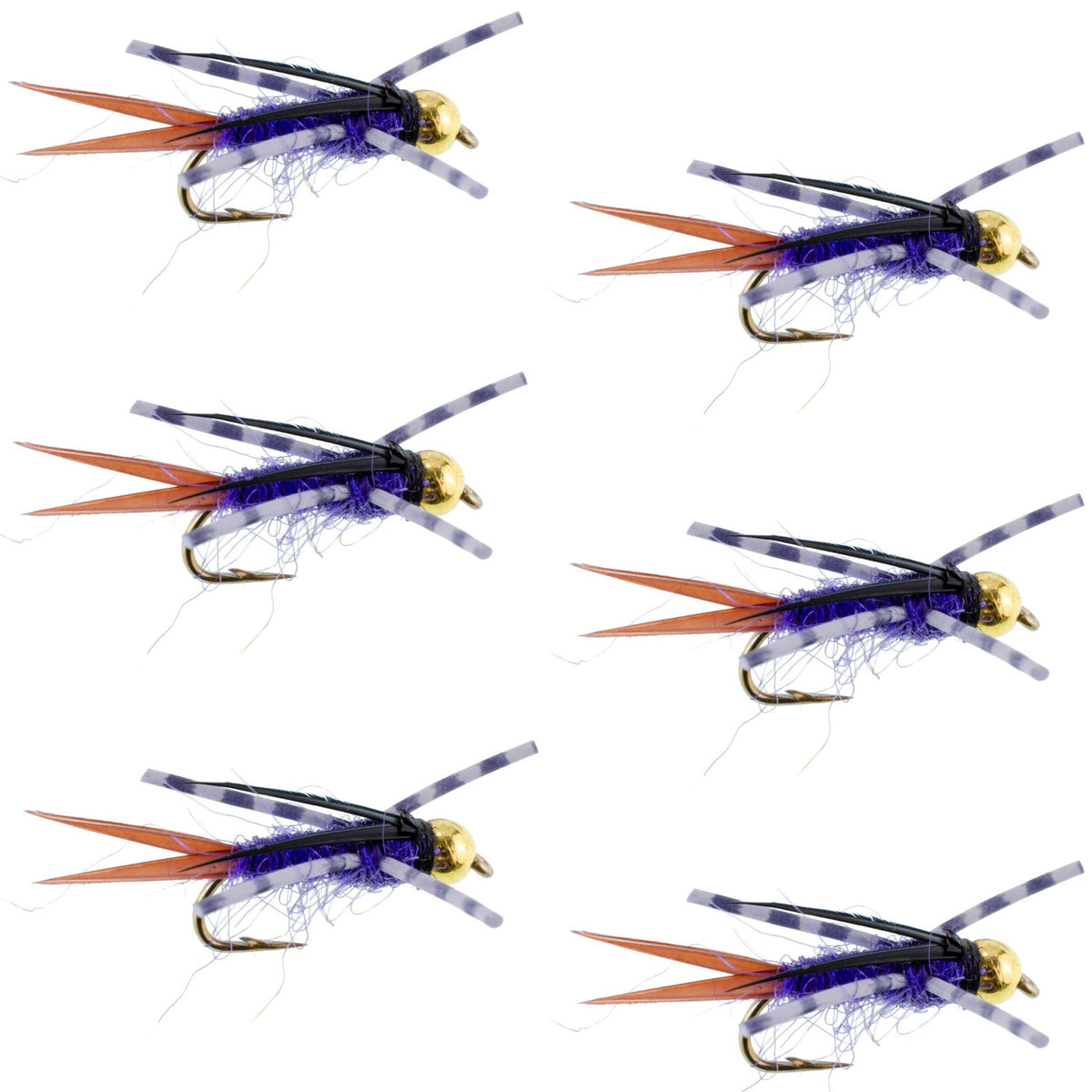 Bead Head Purple Batman Rubber Legs Nymph Fly - 6 Flies Hook Size 12 - Get Tight Gear