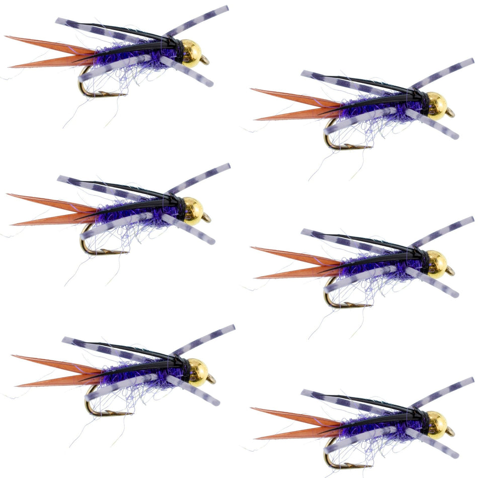 Bead Head Purple Batman Rubber Legs Nymph Fly - 6 Flies Hook Size 14 - Get Tight Gear