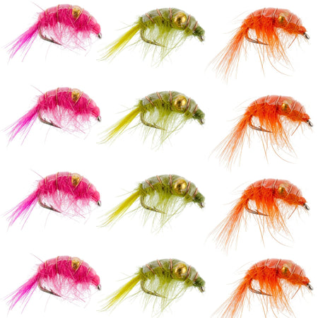 Beaded Shrimp Scud Assortment - 1 Dozen - 4 Each of 3 Patterns Size 12 - Tailwater Lake Fly Fishing Flies Collection - Get Tight Gear