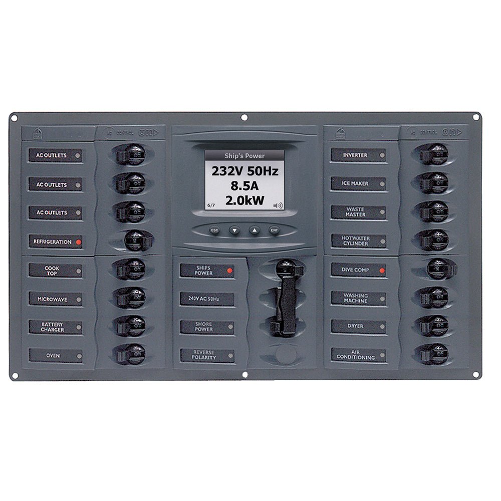 BEP AC Circuit Breaker Panel w/Digital Meters, 16SP 2DP AC230V ACSM Stainless Steel Horizontal - Get Tight Gear
