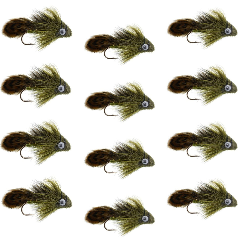 Big Eye Olive Sculpin Streamer Flies - 1 Dozen Bass and Trout Fly Fishing Flies - Hook Size 2 - Get Tight Gear