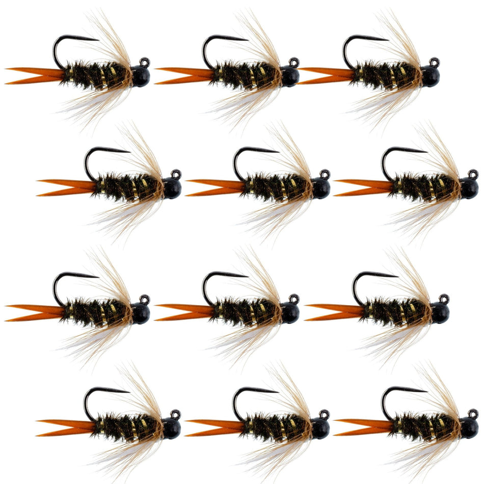 Black Tungsten Bead Prince Jig Tactical Czech Nymph Euro Nymphing Fly - 1 Dozen Flies Size 14 - Get Tight Gear