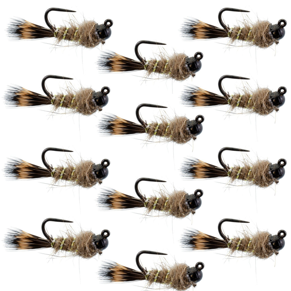 Black Tungsten Bead Tactical Hares Ear Czech Nymph Euro Nymphing Fly - 1 Dozen Flies Size 12 - Get Tight Gear