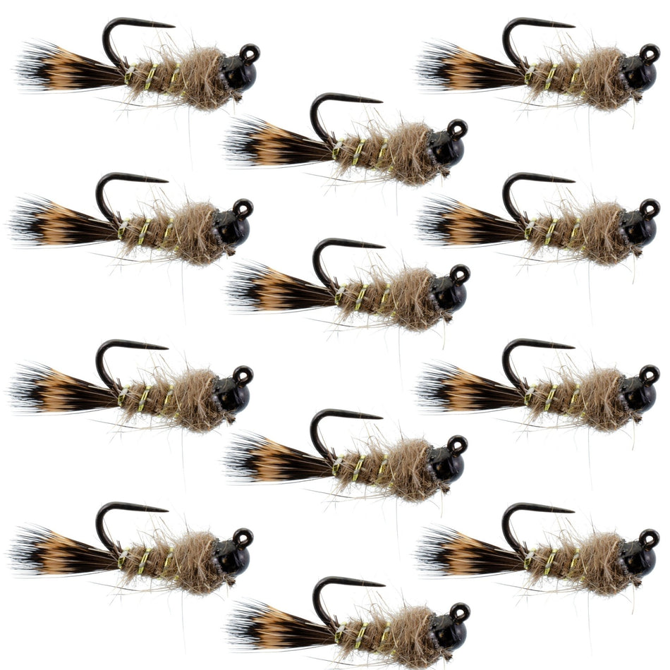 Black Tungsten Bead Tactical Hares Ear Czech Nymph Euro Nymphing Fly - 1 Dozen Flies Size 18 - Get Tight Gear