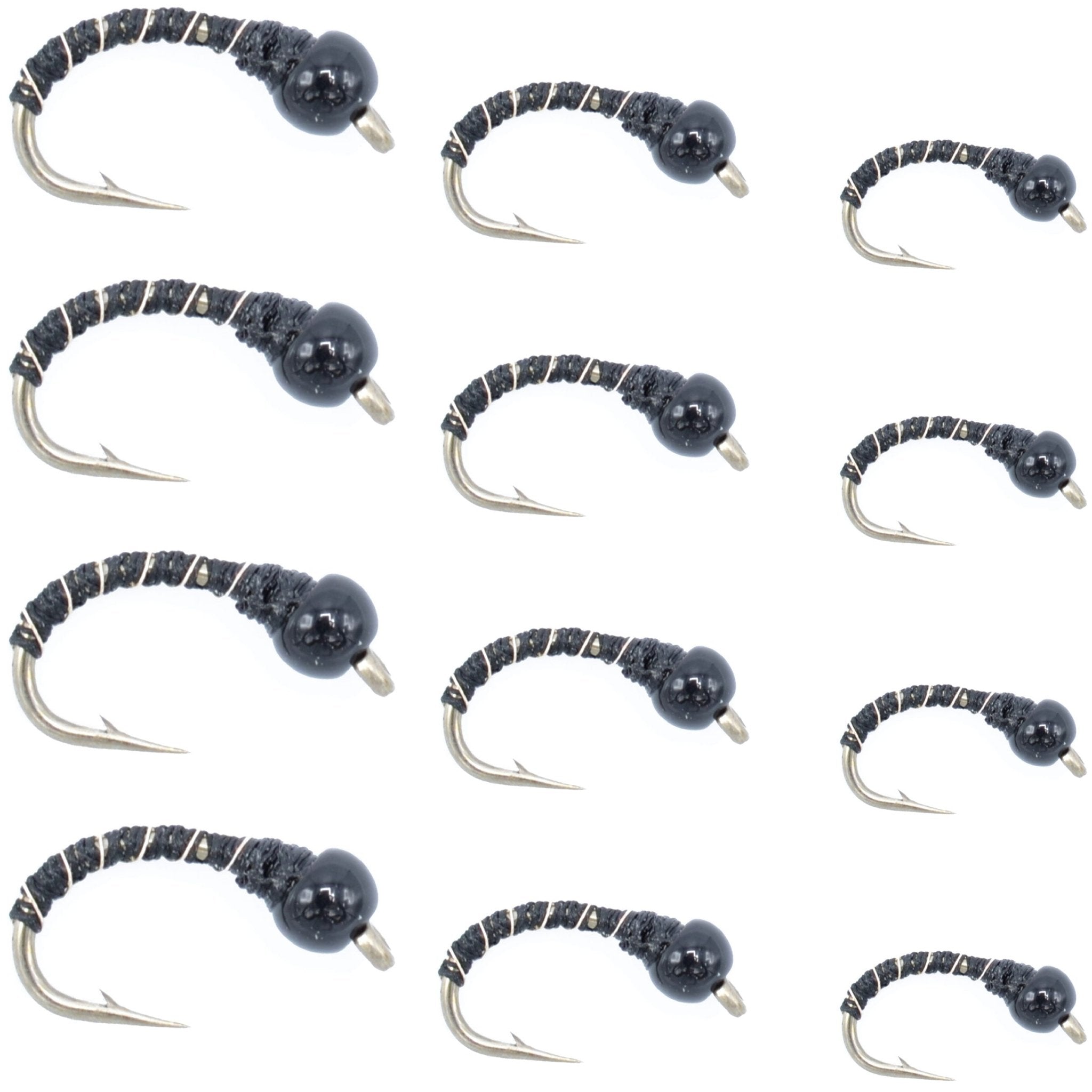 Black Zebra Midge Assortment - Black Bead Head - 1 Dozen - 4 Each of 3 Sizes 14, 16, 18 - Tailwater and Lake Fly Fishing Flies Assortment - Get Tight Gear