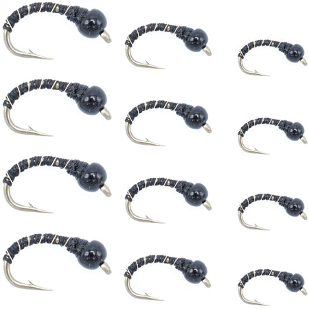 Black Zebra Midge Assortment - Black Bead Head - 1 Dozen - 4 Each of 3 Sizes 14, 16, 18 - Tailwater and Lake Fly Fishing Flies Assortment - Get Tight Gear