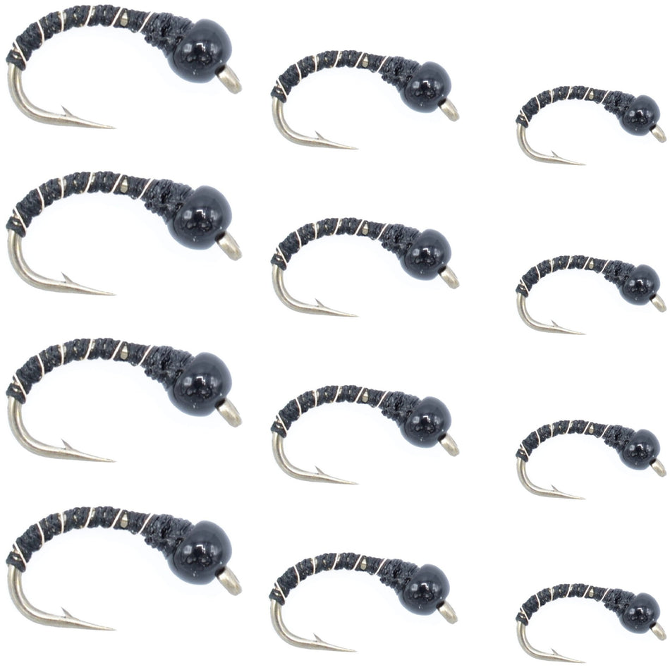 Black Zebra Midge Assortment - Black Bead Head - 1 Dozen - 4 Each of 3 Sizes 14, 16, 18 - Tailwater and Lake Fly Fishing Flies Assortment - Get Tight Gear