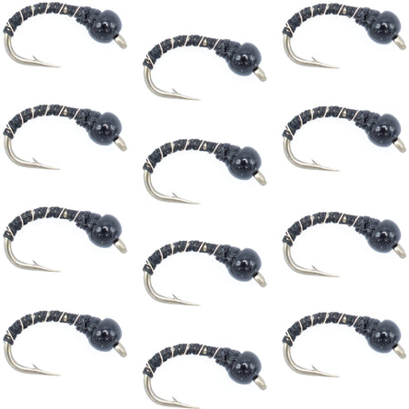 Black Zebra Midge - Black Bead Head - 1 Dozen - Size 18 - Tailwater and Lake Fly Fishing Flies - Get Tight Gear