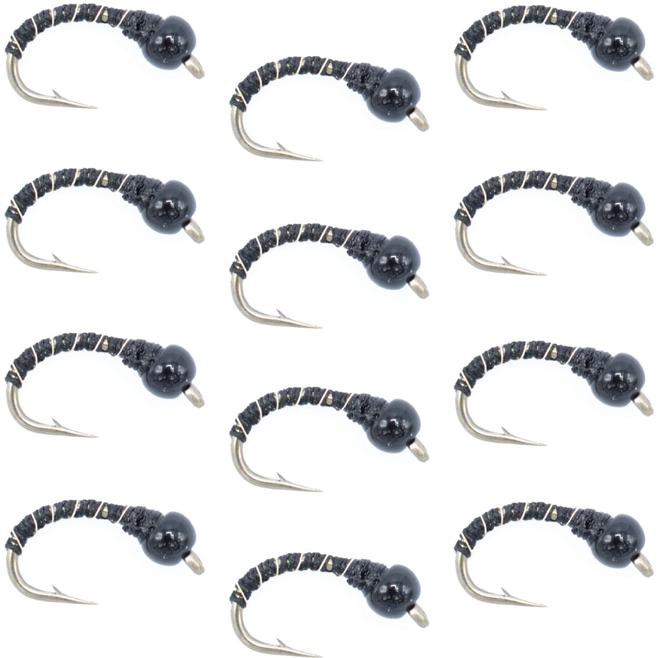 Black Zebra Midge - Black Bead Head - 1 Dozen - Size 18 - Tailwater and Lake Fly Fishing Flies - Get Tight Gear