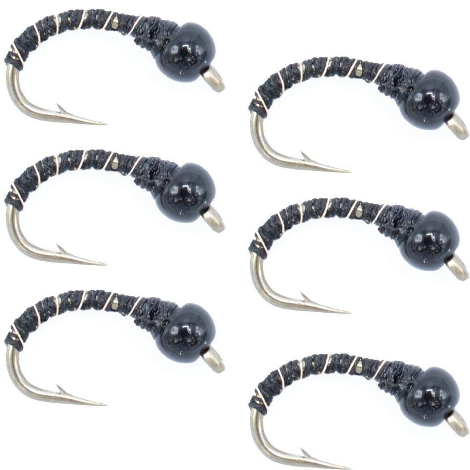 Black Zebra Midge - Black Bead Head - 6 Flies Size 16 - Tailwater and Lake Fly Fishing Flies - Get Tight Gear