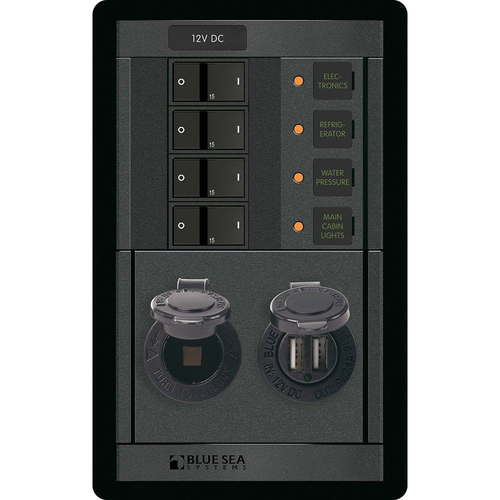 Blue Sea 1495 - 360 Panel - 4 Position 12V w/Dual USB & 12V Socket - Get Tight Gear