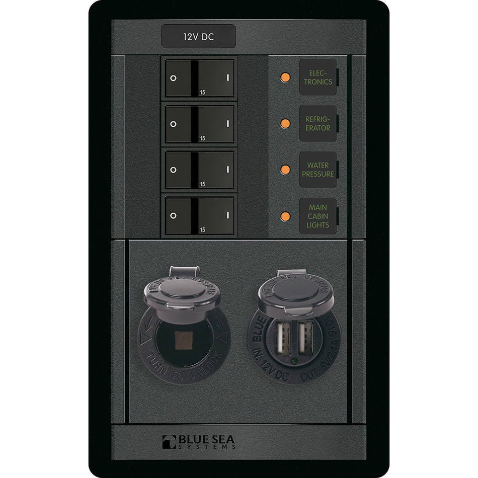 Blue Sea 1495 - 360 Panel - 4 Position 12V w/Dual USB & 12V Socket - Get Tight Gear