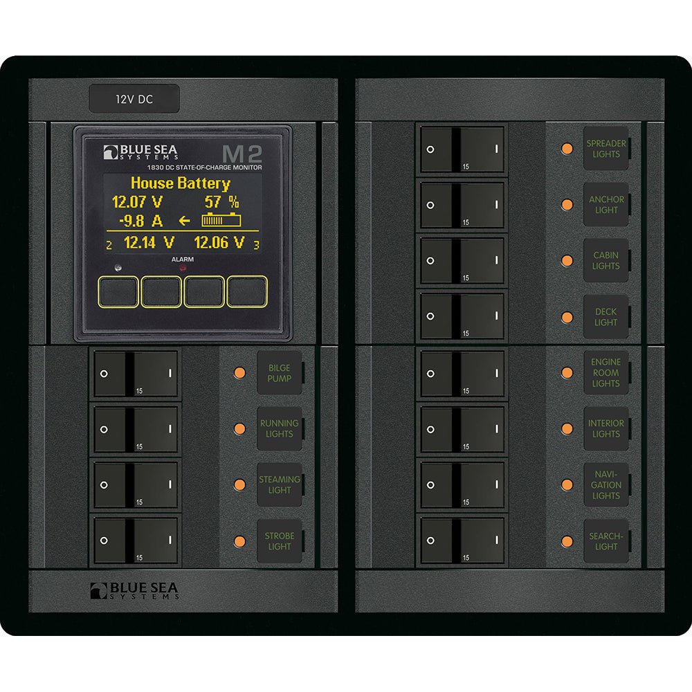 Blue Sea 1496 - 360 Panel - 12 Position 12V Flat Rocker M2 Multimeter w/SOC - Get Tight Gear