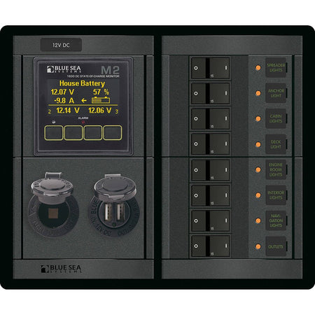 Blue Sea 1497 - 360 Panel - 8 Position 12V Flat Rocker M2 Multimeter w/SOC & Dual USB/12V Socket - Get Tight Gear