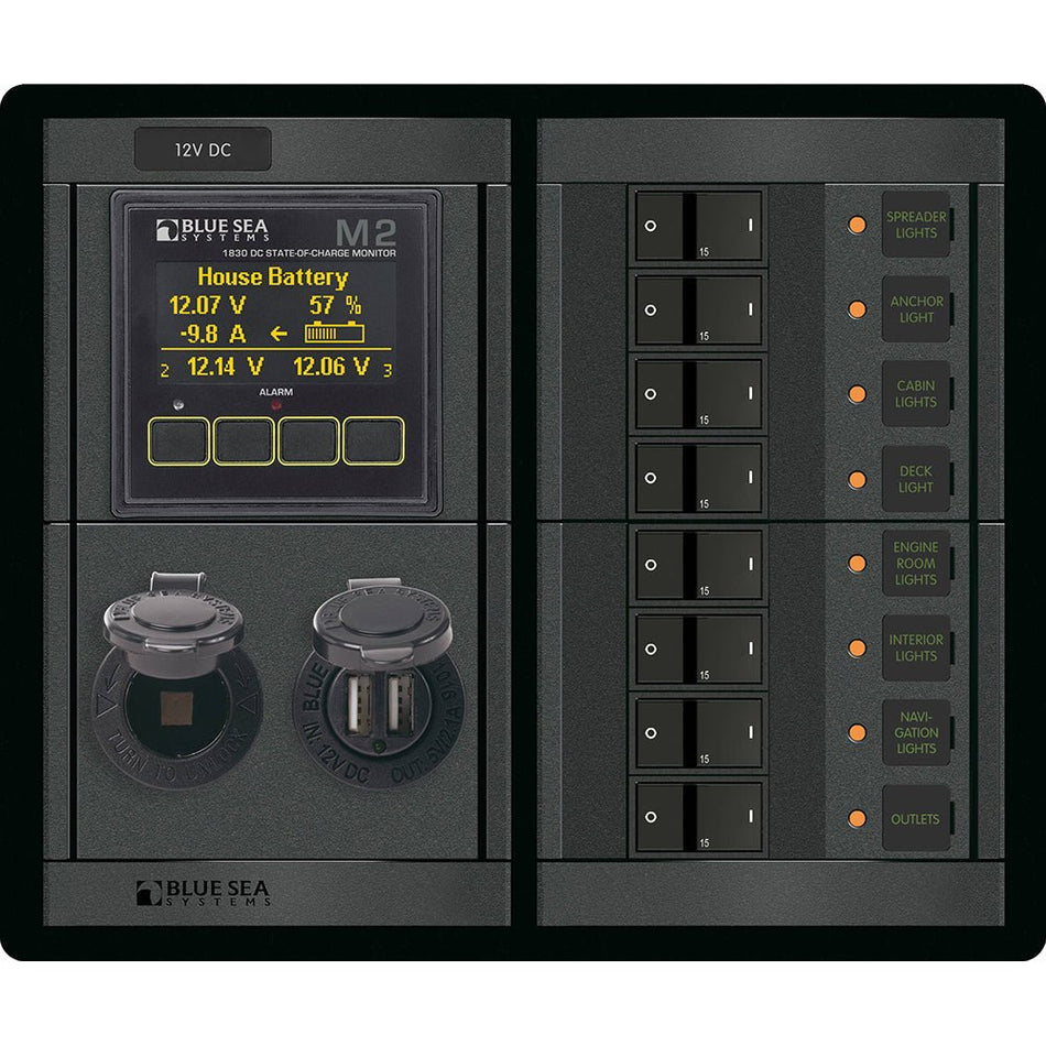 Blue Sea 1497 - 360 Panel - 8 Position 12V Flat Rocker M2 Multimeter w/SOC & Dual USB/12V Socket - Get Tight Gear