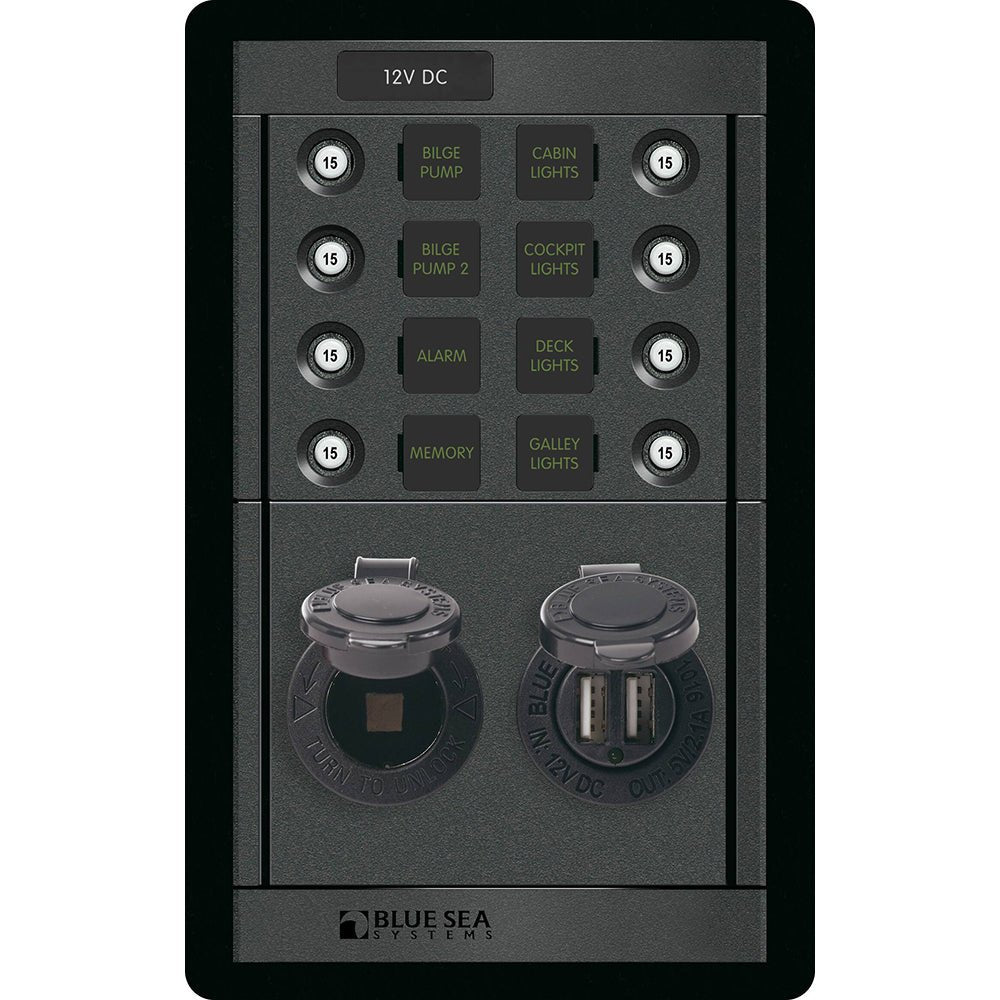Blue Sea 1498 - 360 Panel - 8 Position 12V Panel w/Dual USB & 12V Socket - Get Tight Gear