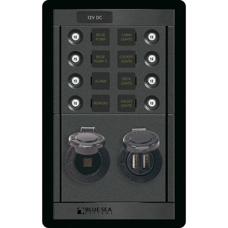Blue Sea 1498 - 360 Panel - 8 Position 12V Panel w/Dual USB & 12V Socket - Get Tight Gear