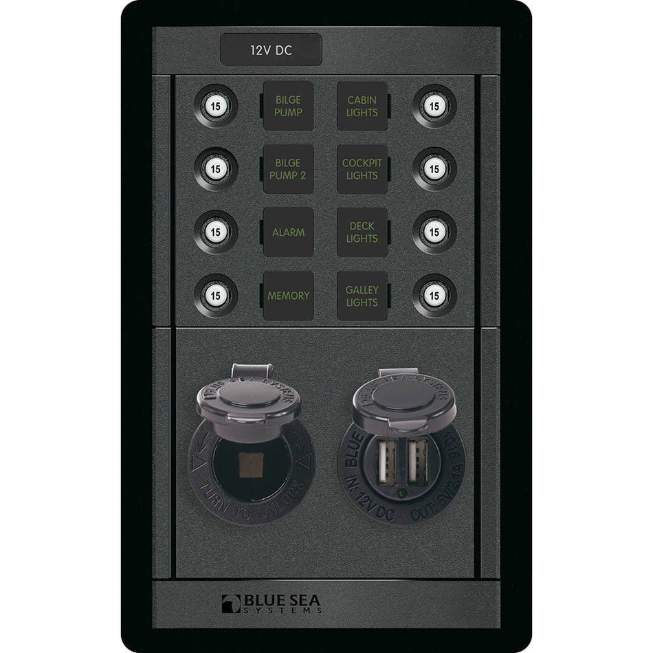 Blue Sea 1498 - 360 Panel - 8 Position 12V Panel w/Dual USB & 12V Socket - Get Tight Gear