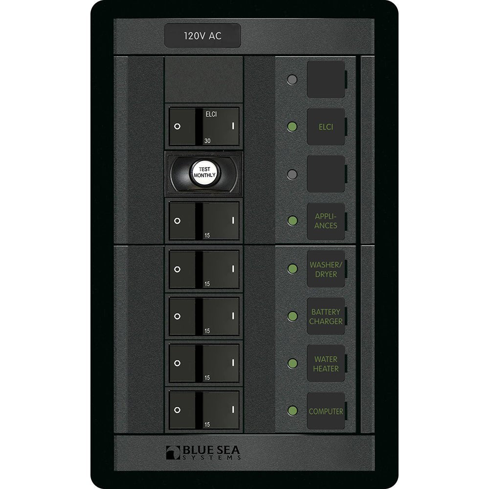 Blue Sea 1503 - 360 Panel - ELCI + 5 Position 120V AC Flat Rocker - Get Tight Gear