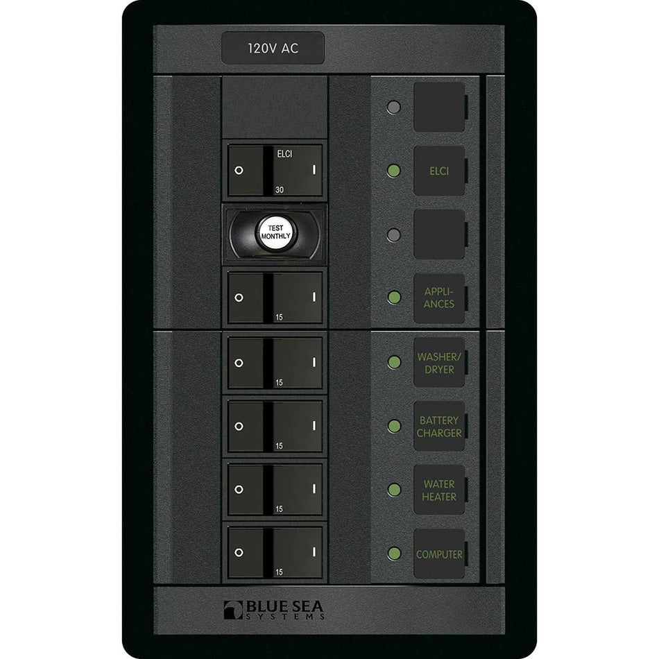 Blue Sea 1503 - 360 Panel - ELCI + 5 Position 120V AC Flat Rocker - Get Tight Gear