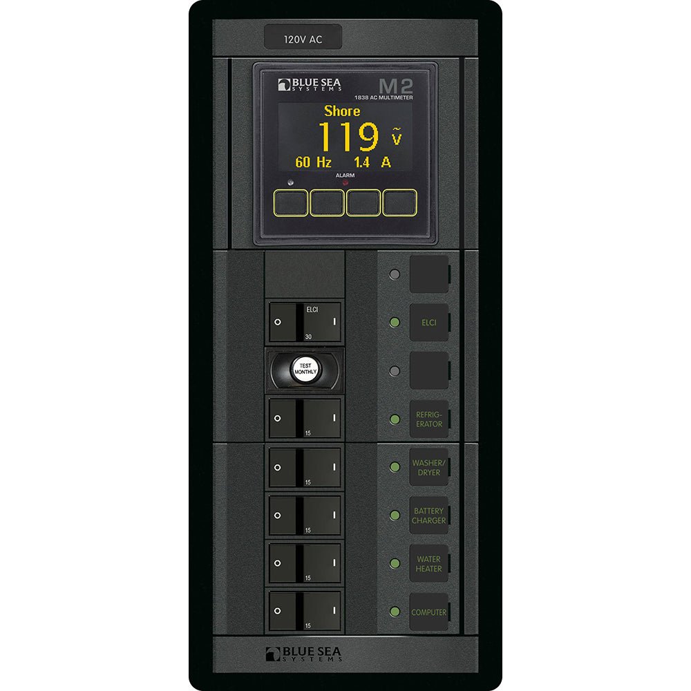 Blue Sea 1504 - 360 Panel - ELCI + 5 Position 120V AC Flat Rocker w/M2 AC Multimeter - Get Tight Gear