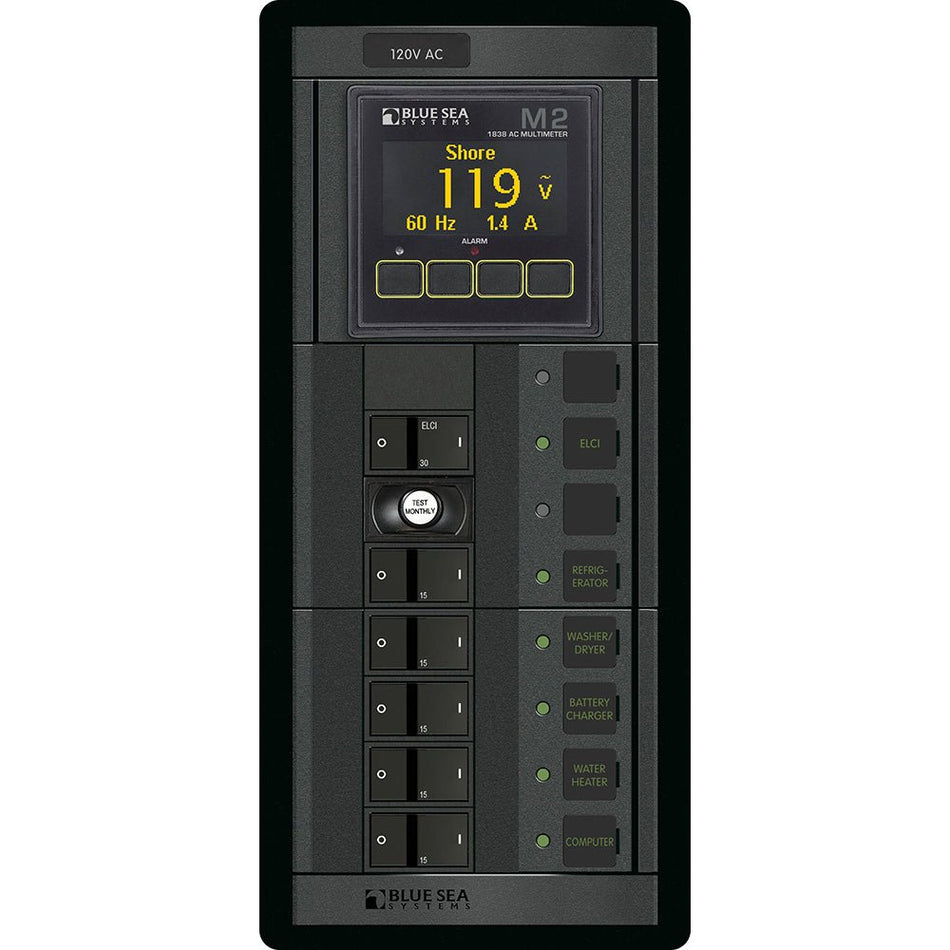 Blue Sea 1504 - 360 Panel - ELCI + 5 Position 120V AC Flat Rocker w/M2 AC Multimeter - Get Tight Gear