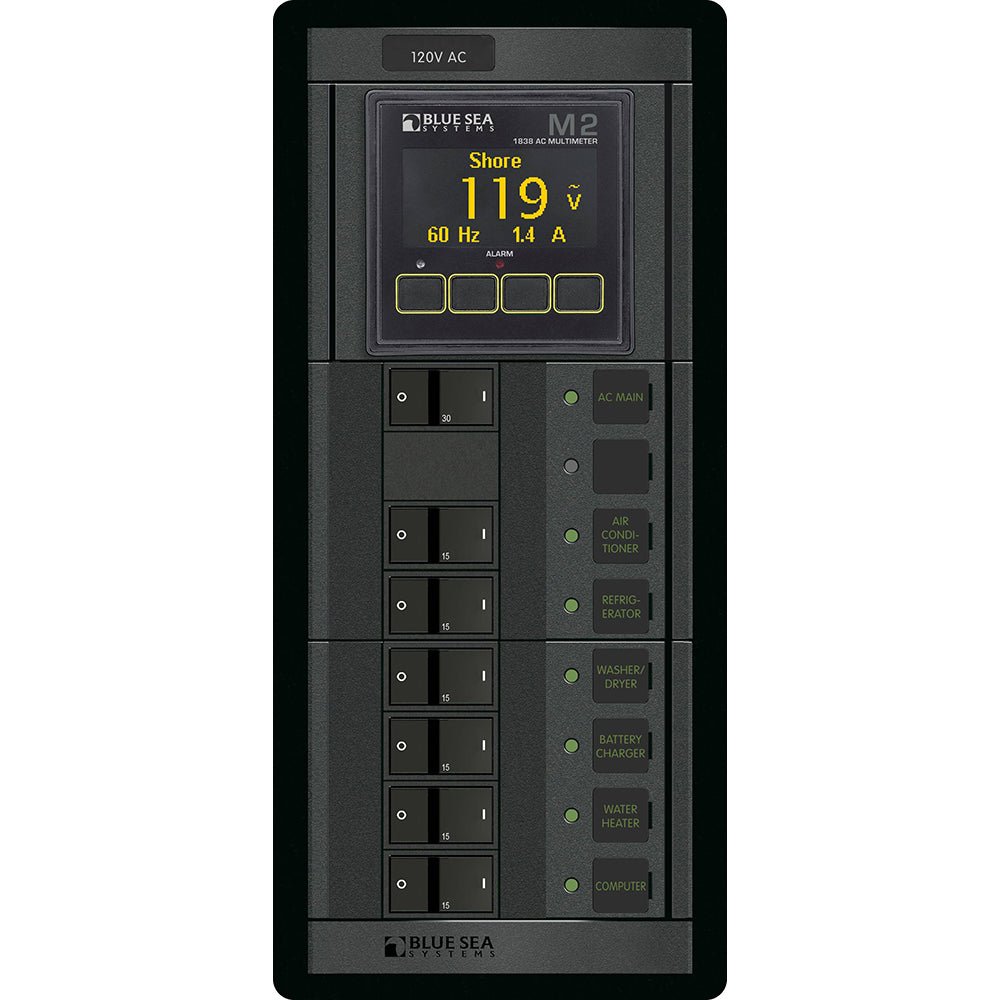Blue Sea 1505 - 360 Panel - Main + 6 Position 120V AC Flat Rocker w/M2 AC Multimeter - Get Tight Gear