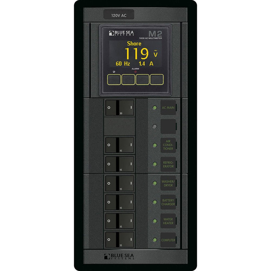 Blue Sea 1505 - 360 Panel - Main + 6 Position 120V AC Flat Rocker w/M2 AC Multimeter - Get Tight Gear