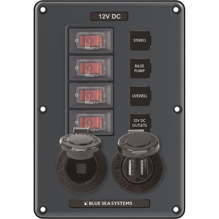 Blue Sea 4321 Circuit Breaker Switch Panel 4 Position - Gray w/12V Socket & Dual USB - Get Tight Gear