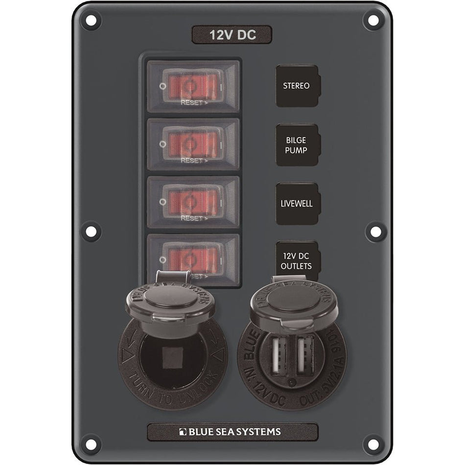 Blue Sea 4321 Circuit Breaker Switch Panel 4 Position - Gray w/12V Socket & Dual USB - Get Tight Gear