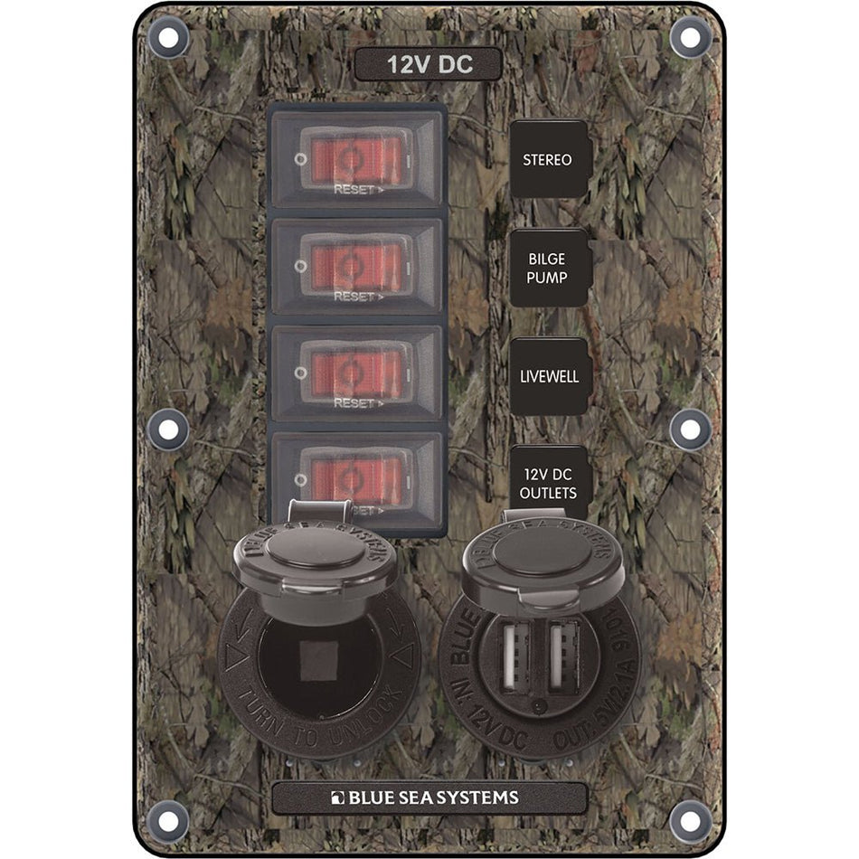 Blue Sea 4324 Circuit Breaker Switch Panel 4 Postion - Camo w/12V Socket & Dual USB - Get Tight Gear