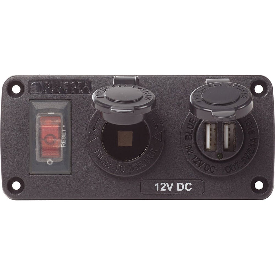 Blue Sea 4363 Water Resistant USB Accessory Panels - 15A Circuit Breaker, 12V Socket, 2.1A Dual USB Charger - Get Tight Gear