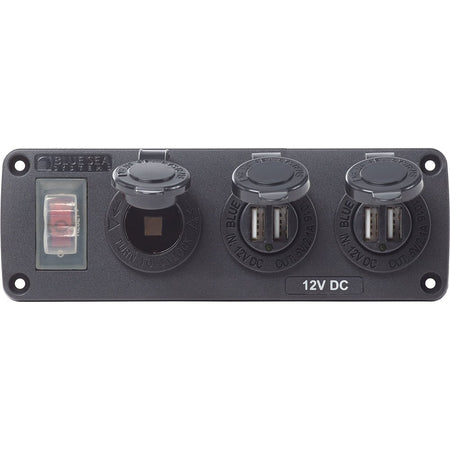 Blue Sea 4365 Water Resistant USB Accessory Panel - 15A Circuit Breaker, 12V Socket, 2x 2.1A Dual USB Chargers - Get Tight Gear