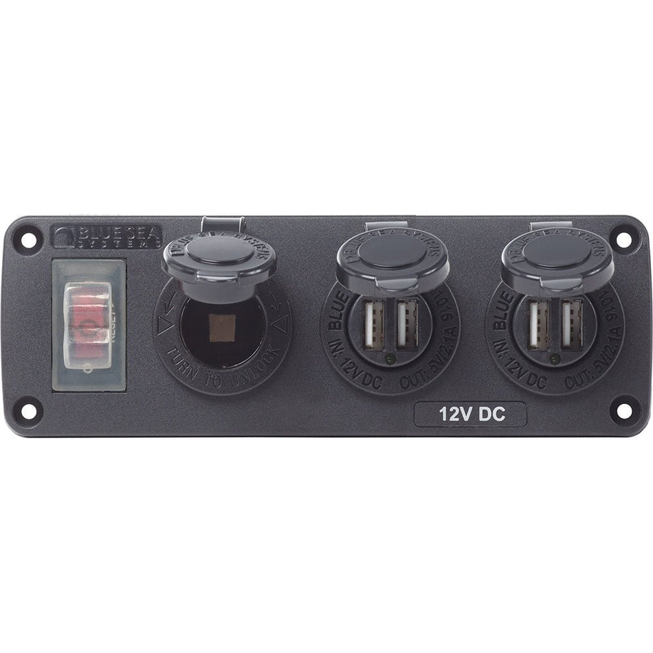 Blue Sea 4365 Water Resistant USB Accessory Panel - 15A Circuit Breaker, 12V Socket, 2x 2.1A Dual USB Chargers - Get Tight Gear